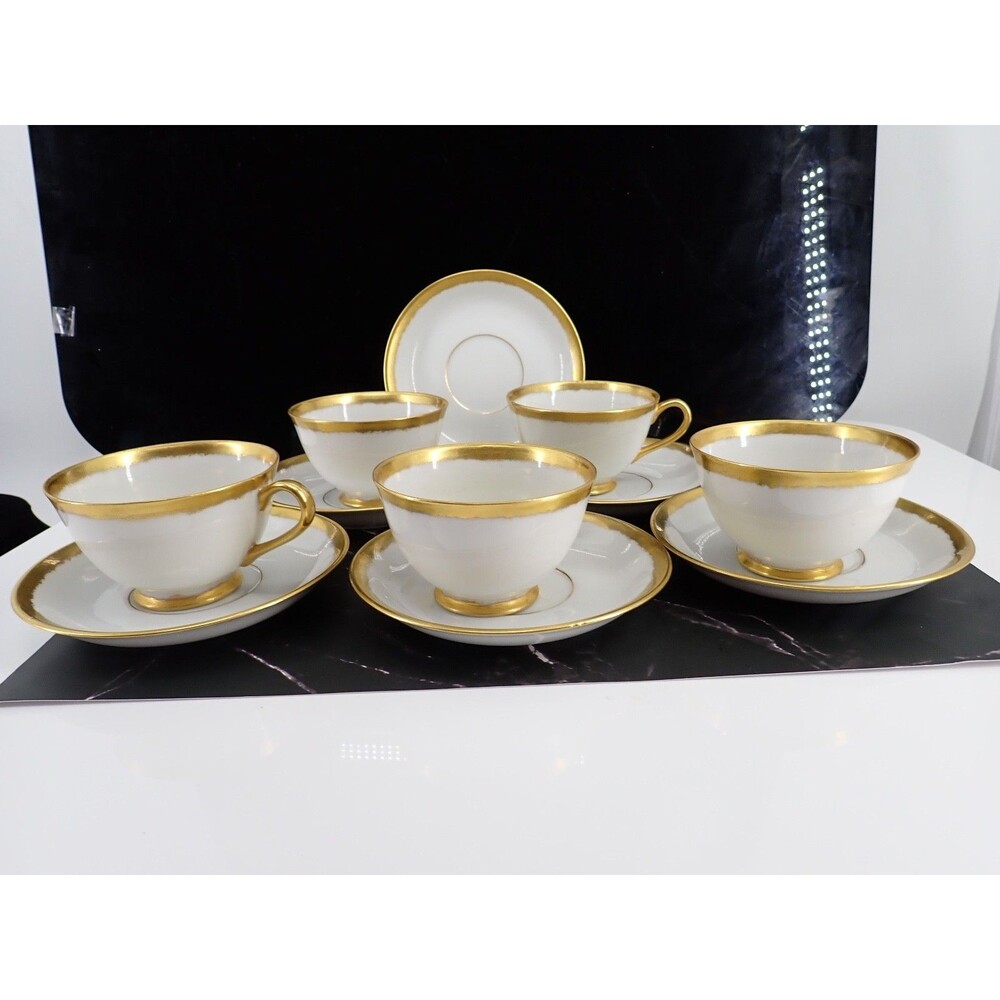 Walker Decatur GA China Coffee Tea Cup & Saucer 5 pc Set Gold Gilded Vintage USA